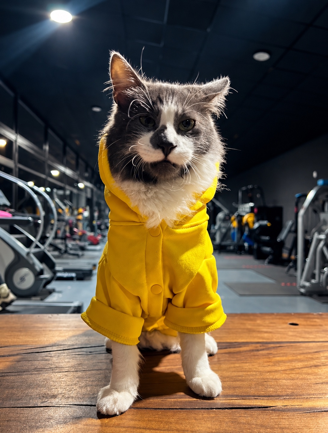 Jack, el gato de Espacio Fit, con su abrigo amarillo dentro del gimnasio